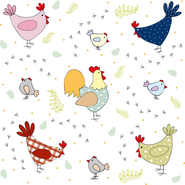 模式与公鸡和母鸡 — 图库矢量图片