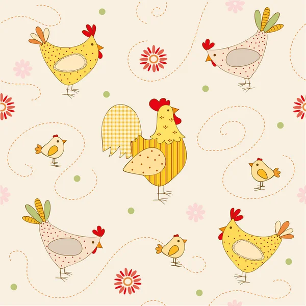 Seamless Pattern_Hen_Cock and chick — Stock Vector