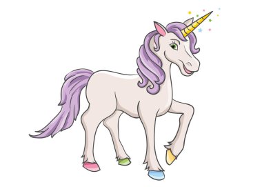 Beyaz arka plan üzerinde çizgi film tek boynuzlu at