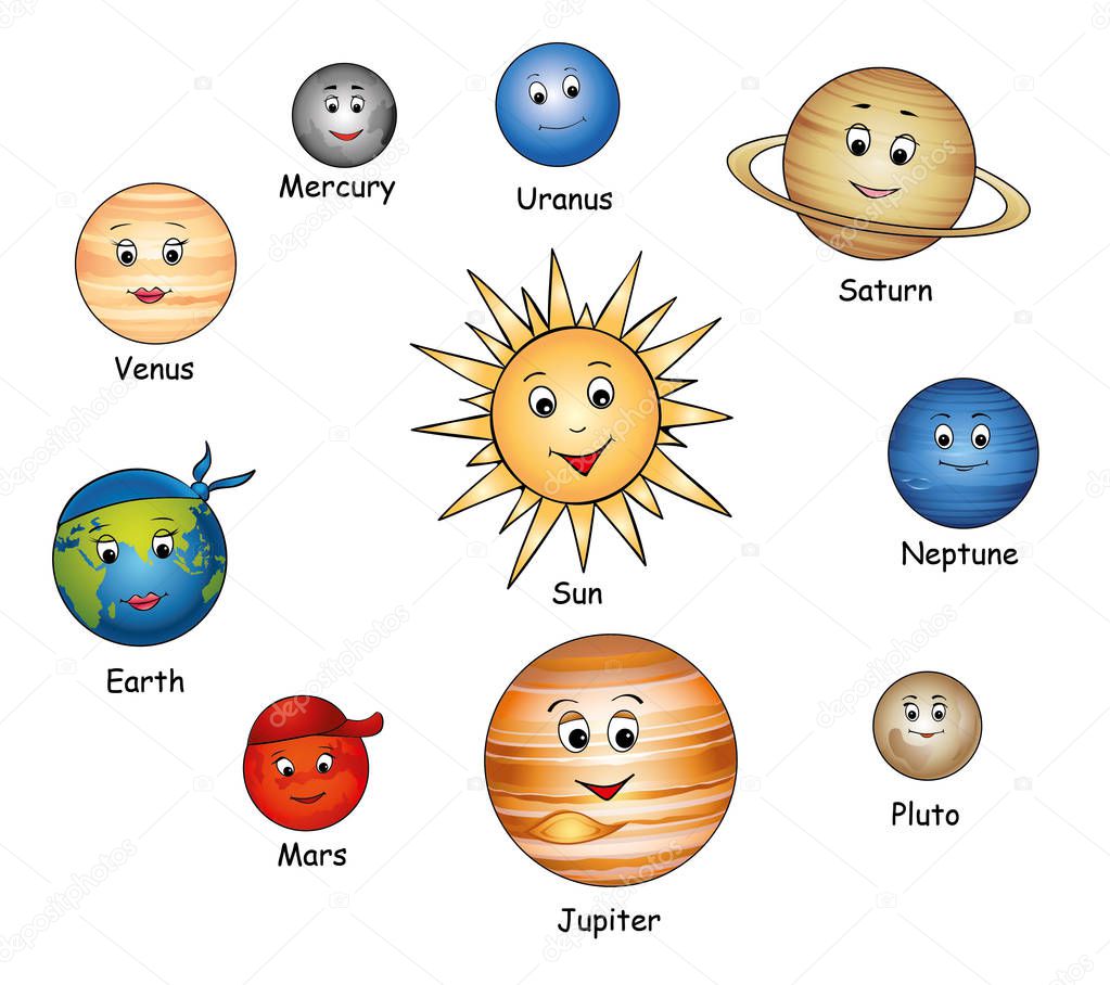 Set of cartoon planets on the white background