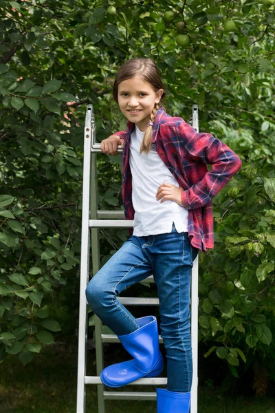 Souriante fille en gomme bleu bottes debout sur escabeau à la pomme ga — Photo