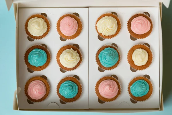 Azul, rosa e branco cupcakes recém-assados com creme de manteiga — Fotografia de Stock