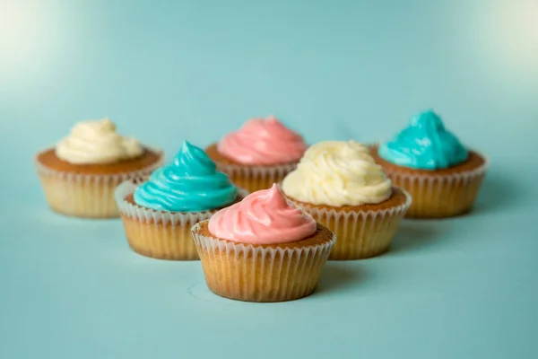Cupcakes coloridos recém-assados no fundo azul — Fotografia de Stock