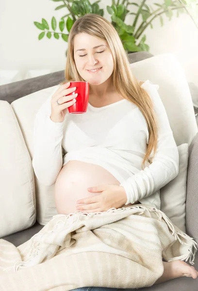 Sorrindo mulher grávida deitada no sofá e bebendo chá — Fotografia de Stock