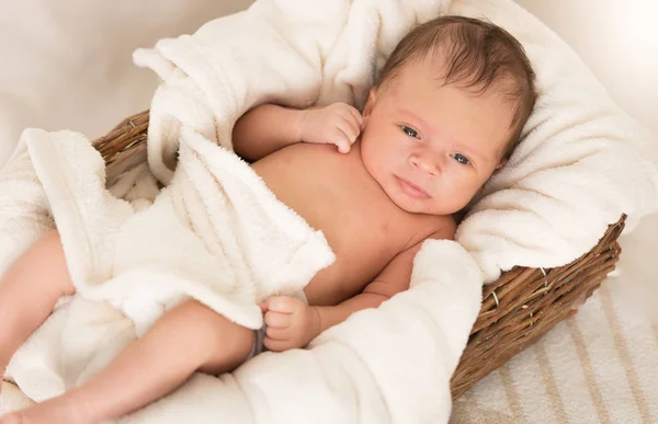 Neugeborenes liegt in großem Weidenkorb unter Decke — Stockfoto