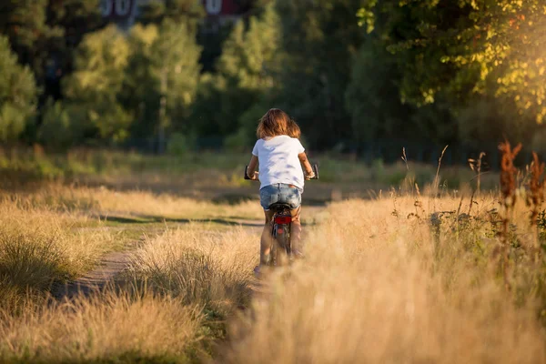 Mujer joven montando bicicleta en el prado en el camino de tierra — Foto de Stock