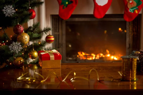 Christmas background with burning fireplace, Christmas tree, gif — Stock Photo, Image