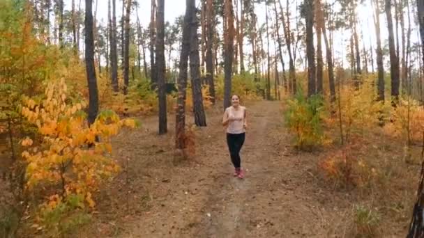 Медленное видео красивой сексуальной женщины, бегущей по осеннему лесу — стоковое видео