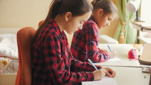 Két lány csinál házi feladatot a pult mögött. Az egyik lány leírási gyakorlása — Stock videók