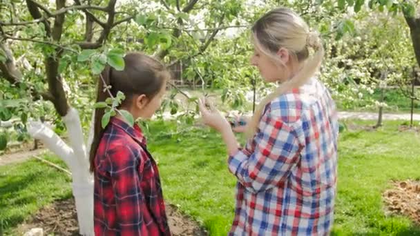 4k Video einer jungen Mutter, die ihrer Tochter beibringt, wie man Äste im Obstgarten schneidet — Stockvideo