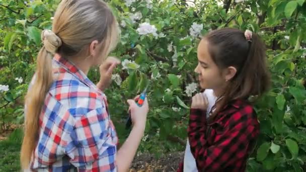 4 k video van jonge vrouw met tienerdochter snoeien appelbomen in de boomgaard — Stockvideo