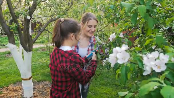 4k filmato di adolescente ragazza aiutare la madre a potare alberi di mele a frutteto — Video Stock