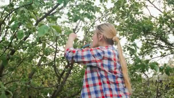 Крупный план видео молодой женщины, работающей в саду и стригущей ветки — стоковое видео