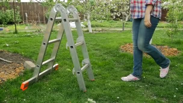 Slow-motion video van jonge vrouw lopen in de boomgaard en klimmen metalen trapladder — Stockvideo
