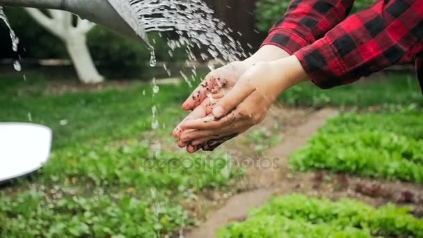 Filmato al rallentatore di contadina che lava mani sporche sott'acqua da annaffiatoio in giardino — Video Stock