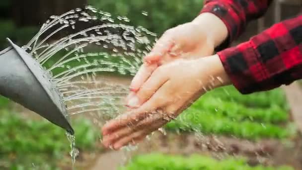 Slow-motion video van vrouwelijke boer wassen van de handen na het werk in de tuin — Stockvideo