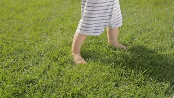 Nahaufnahme eines niedlichen Jungen, der erste Schritte auf dem Rasen im Garten macht — Stockvideo