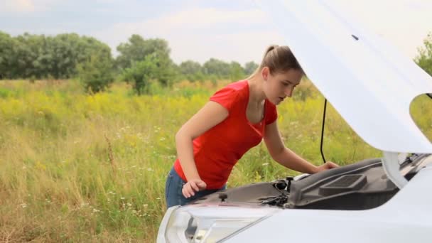 Frustrierte junge Frau versucht kaputtes Auto im Feld zu reparieren — Stockvideo