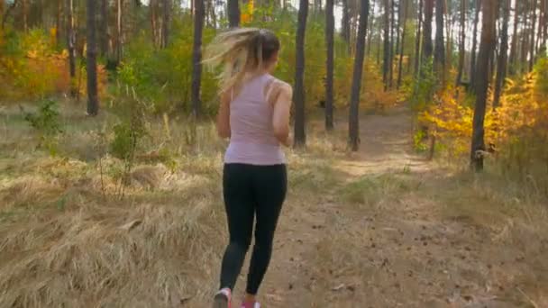 Imágenes de 4K de una hermosa mujer delgada corriendo en el bosque de otoño — Vídeos de Stock
