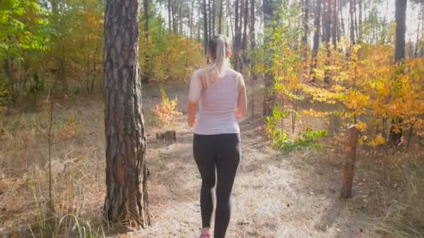 Slow motion van mooie actieve vrouw met paardenstaart lopen in bos bij ochtend — Stockvideo