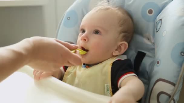 Nahaufnahme einer Mutter, die ihren kleinen Sohn mit Suppe füttert — Stockvideo