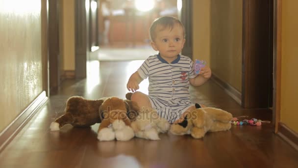 Söt 10 månader gammal baby pojke spelar på golvet med fyllda leksaker — Stockvideo