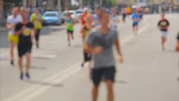 Foto desenfocada de corredores de maratón en la calle en un día soleado — Vídeos de Stock