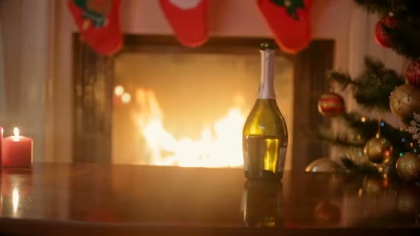 Closeup of man and woman sitting at fireplace and drinking champagne at Christmas eve — Stock Video