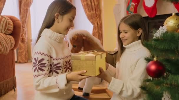 Twee vrolijke meisjes ontvangen van Kerstmis geschenken op ochtend — Stockvideo