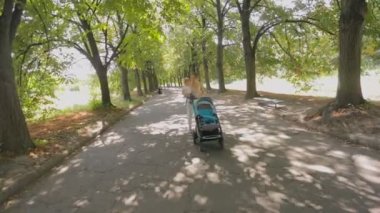 Steadicam atış bir bebek evlat tutmuş ve çocuk arabası park adlı genç gülümseyen anne