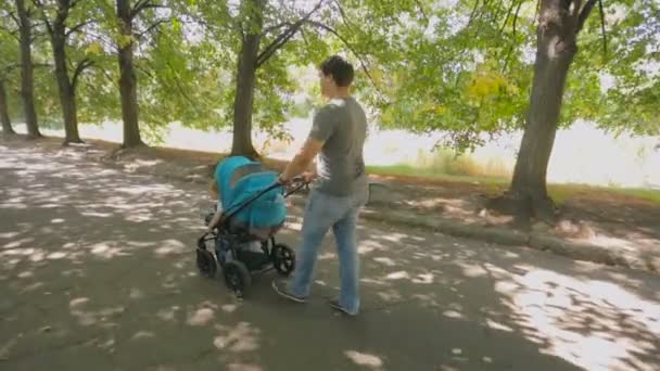 Gelukkig jonge vader lopen met baby in kinderwagen in het park — Stockvideo