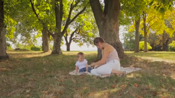 Чарівний хлопчик грає зі своєю матір'ю на ковдрі під деревом в парку — стокове відео