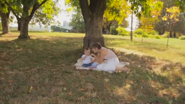 Steadicam tiro de feliz joven madre y bebé descansando bajo el árbol en el parque — Vídeo de stock