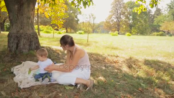 Steadicam snímek šťastné mladé matky hraje se svým synem dítě pod stromem v parku — Stock video