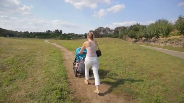 Krásná mladá žena tlačí kočárek na cesty v parku — Stock video