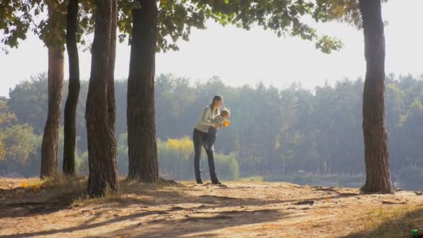 Schöne junge Mutter kuschelt ihren kleinen Sohn im Wald an einem sonnigen Herbsttag — Stockvideo