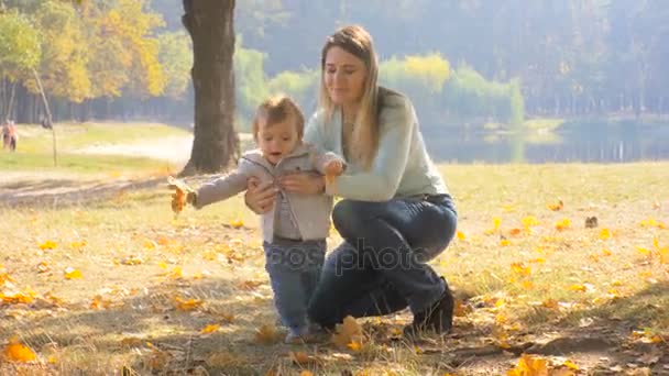 Симпатичний хлопчик ходить з матір'ю в парку і тримає жовте листя — стокове відео
