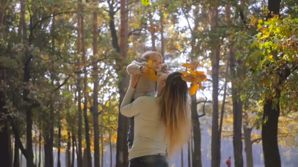 Slow motion portret van gelukkige jonge moeder haar zoontje in herfst park knuffelen — Stockvideo