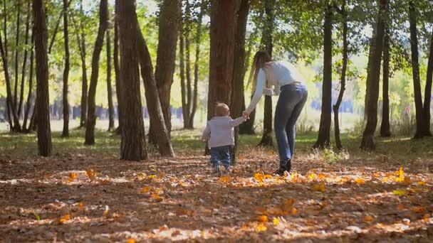 美丽的年轻母亲与她的宝贝儿子在秋天公园散步的慢动作镜头 — 图库视频影像