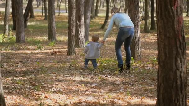 慢动作镜头的母亲和婴儿的男孩看到松鼠在秋天的公园 — 图库视频影像