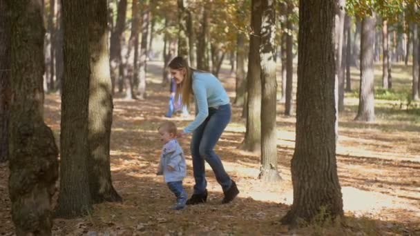 Медленная съёмка молодой матери, гуляющей со своим маленьким сыном под деревьями в осеннем лесу — стоковое видео