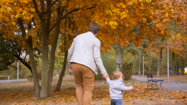 Imágenes en cámara lenta de feliz padre joven caminando con el bebé hijo en el parque de otoño — Vídeo de stock