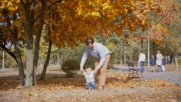 Zeitlupenaufnahmen vom Vater, der seinen kleinen Sohn an den Händen hält und durch den Herbstpark geht — Stockvideo