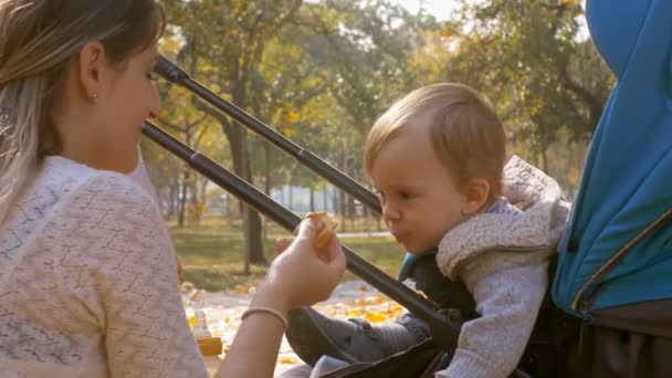 Imágenes de 4K del niño hambriento sentado en el cochecito comiendo pan — Vídeo de stock