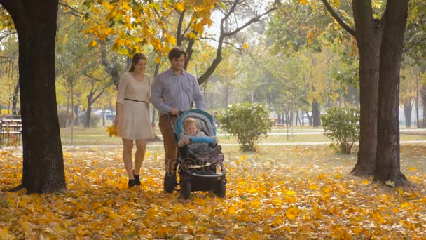 4K кадри щасливої молодої сім'ї, що йде з дитячою коляскою в осінньому парку — стокове відео