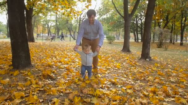 Slow motion bilder av glada unga far håller baby son för hand och promenader på hösten park — Stockvideo