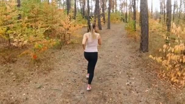 Slow motion achteraanzicht beelden van vrouw lopen bij bos — Stockvideo