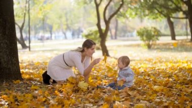Şirin bebek çocuk genç anne sonbahar park adlı having oyunculuk ile ağır çekim görüntüleri