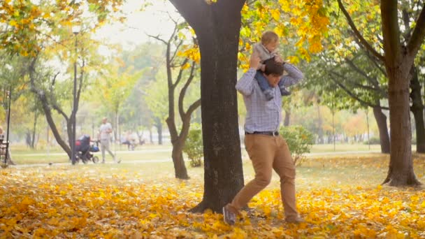 Filmagem em câmera lenta de bebê bonito situado nos ombros dos pais no parque de outono — Vídeo de Stock