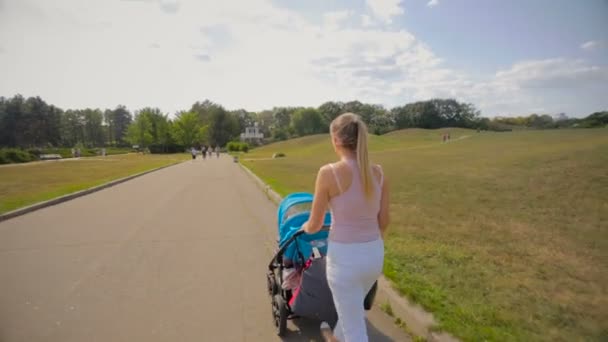 Schöne Mutter spaziert mit Kinderwagen im Park — Stockvideo
